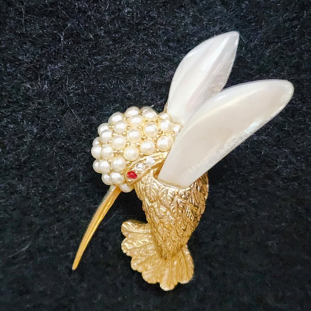 Vintage Boucher Hummingbird Brooch Gold Toned Red Rhinestone Faux Pearl
